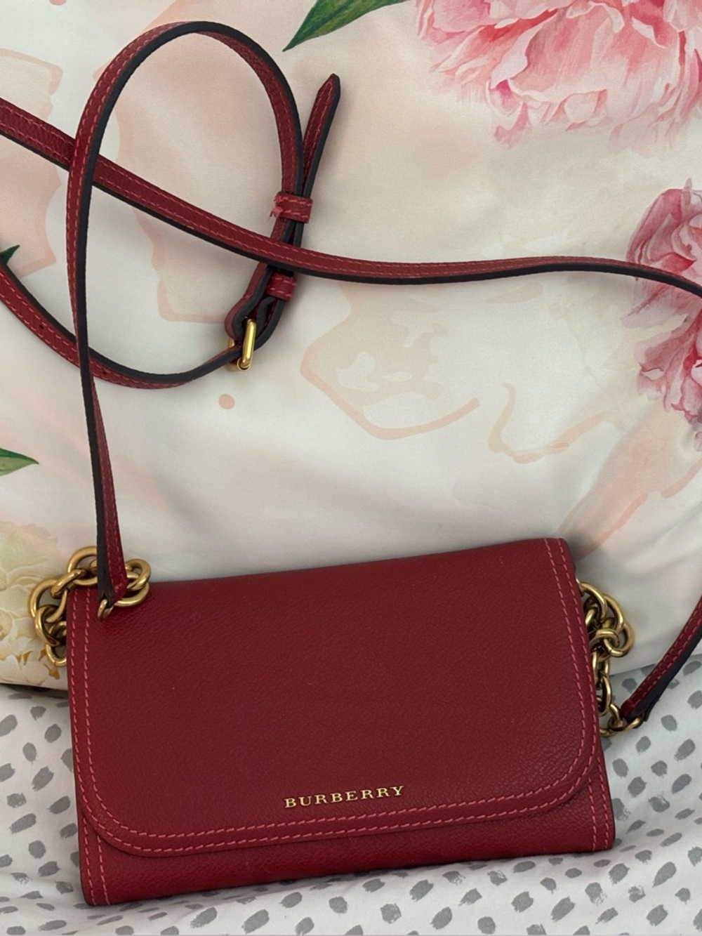 Burberry Red Leather Crossbody with Gold Chain Hardware